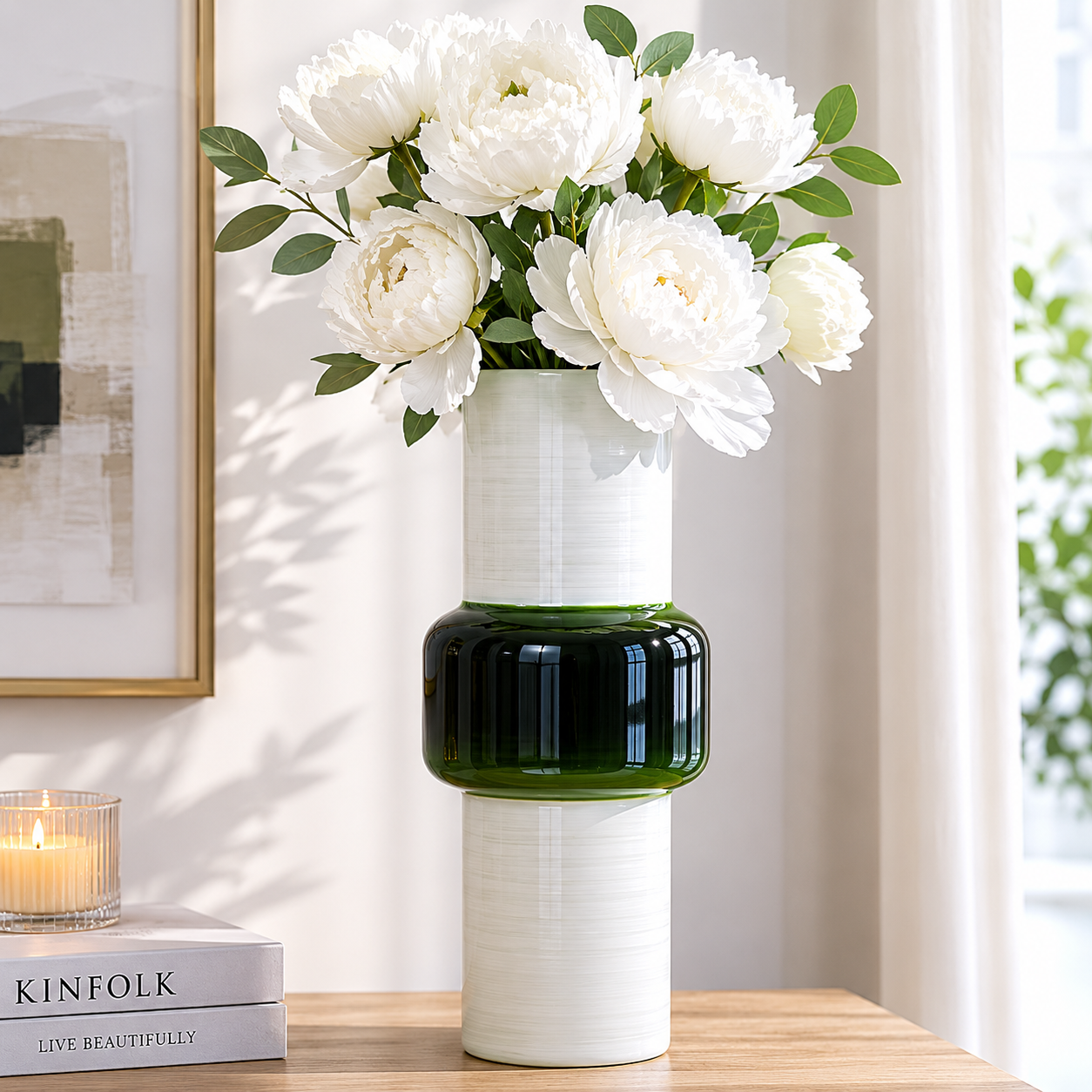Jarrón cilíndrico de vidrio de 19" de Sagebrook Home, blanco y verde