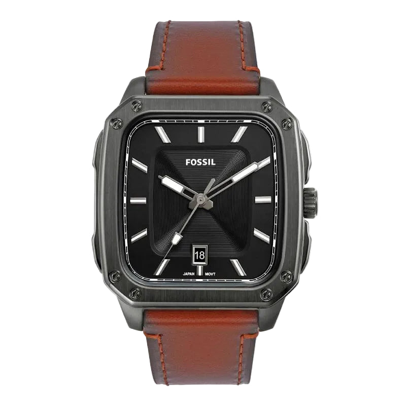 Reloj Fossil Inscription para hombre, correa de cuero con tres manecillas, 42 mm, esfera negra