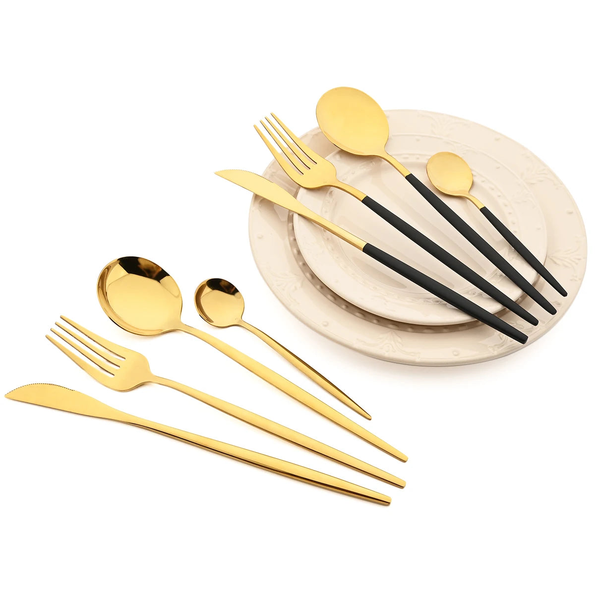 16 Piece Black and Gold Stainless Steel Cutlery Set Elegant Dinnerware Flatware for Home and Special Occasions