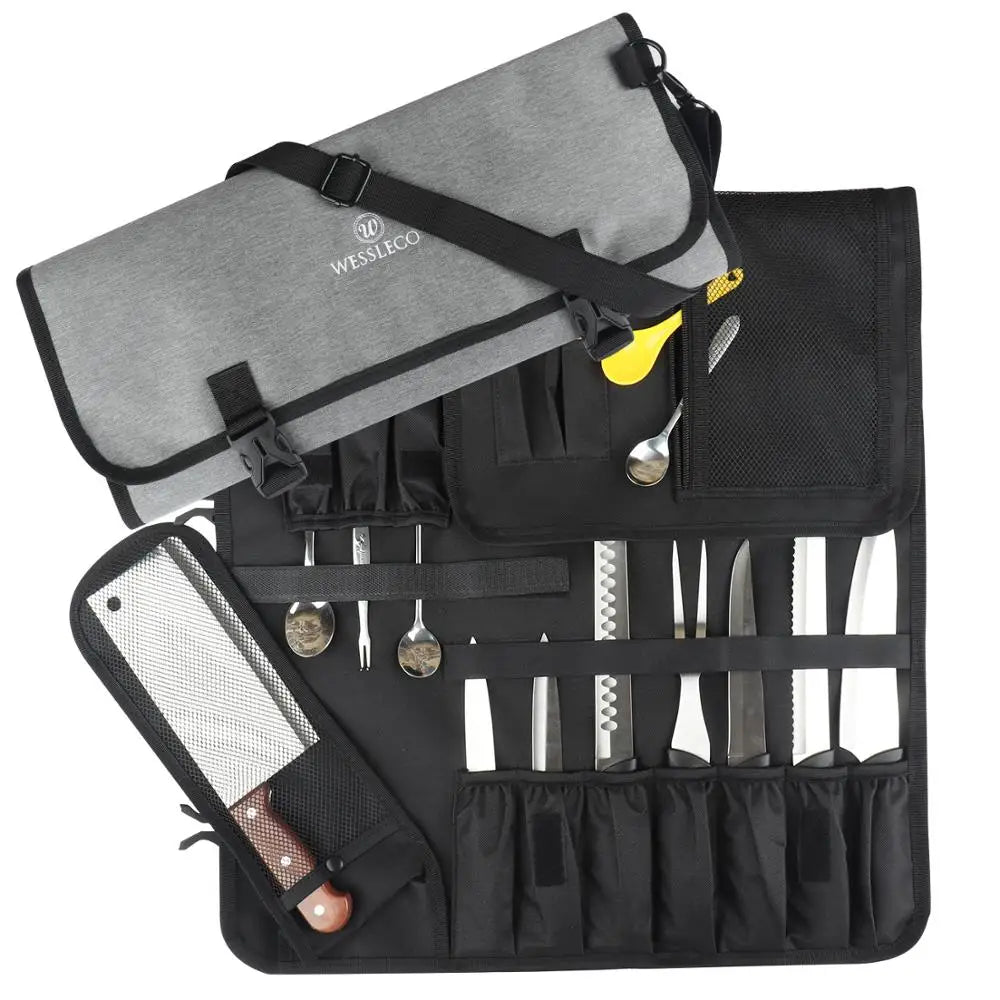 WESSLECO Portable Chef Knife Bag Roll Case with Durable Storage Pockets for Easy Organization
