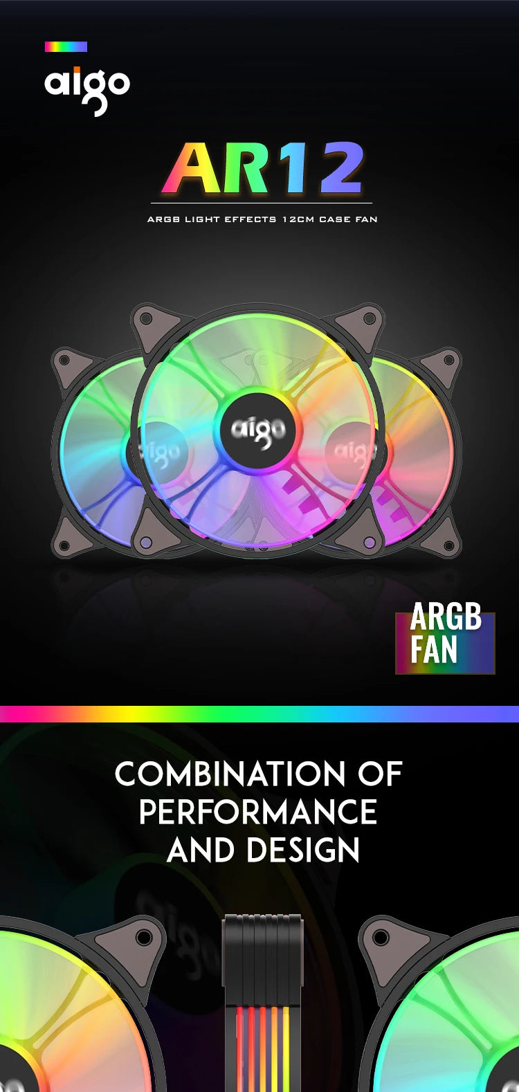 Ventilador para caja de ordenador Aigo AR12 de 120 mm, disipador de calor RGB, puerto SATA Aura Sync, enfriador de 12 cm, ventilador de refrigeración con controlador silencioso ARGB