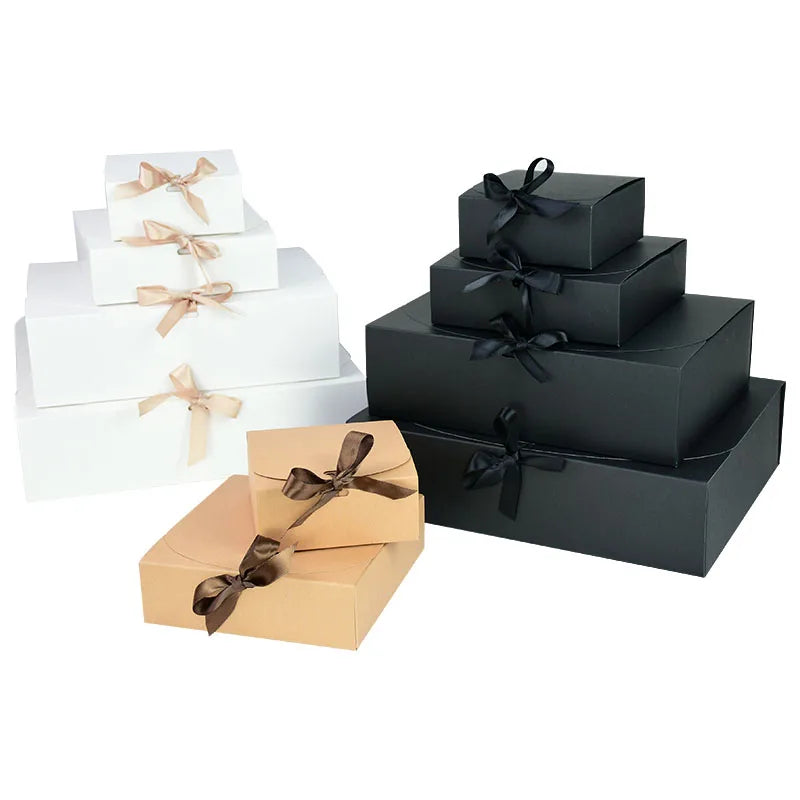 5 Piece Black and White Kraft Paper DIY Gift Box Set with Bow Ribbon for Weddings and Parties