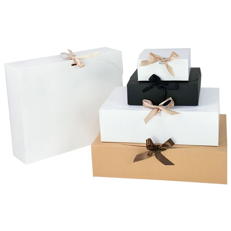 5 Piece Black and White Kraft Paper DIY Gift Box Set with Bow Ribbon for Weddings and Parties