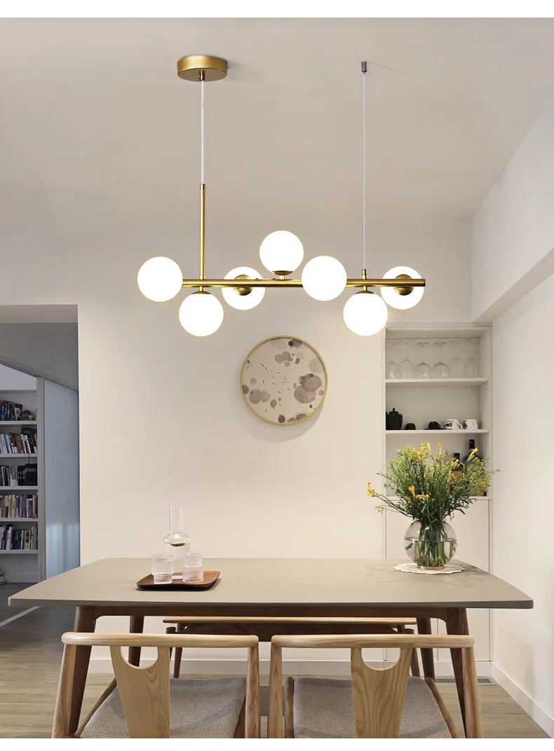 Nordic Modern LED Pendant Light with 11 Glass Ball Heads for Kitchen and Living Room Elegant Gold Suspension Lamp