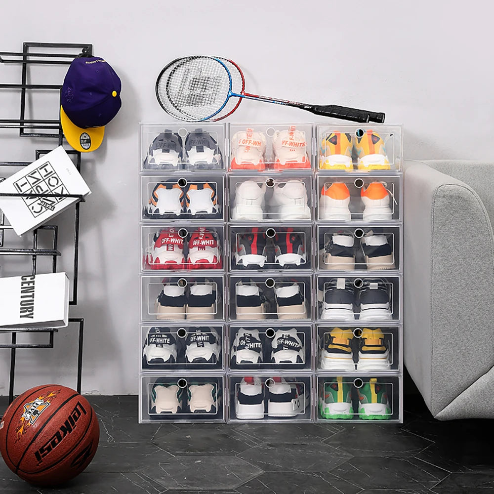 6 Pack Transparent Shoe Box Organizers Dustproof Stackable Cabinet