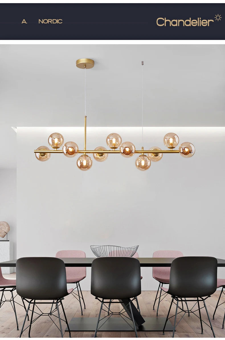 Nordic Modern LED Pendant Light with 11 Glass Ball Heads for Kitchen and Living Room Elegant Gold Suspension Lamp