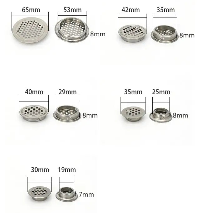 10 piezas de conducto de aire de gabinete redondo, diámetro de ventilación de 19 mm a 53 mm, rejilla de acero, tapón de orificio, cubierta decorativa, sistemas de ventilación de rejilla de armario