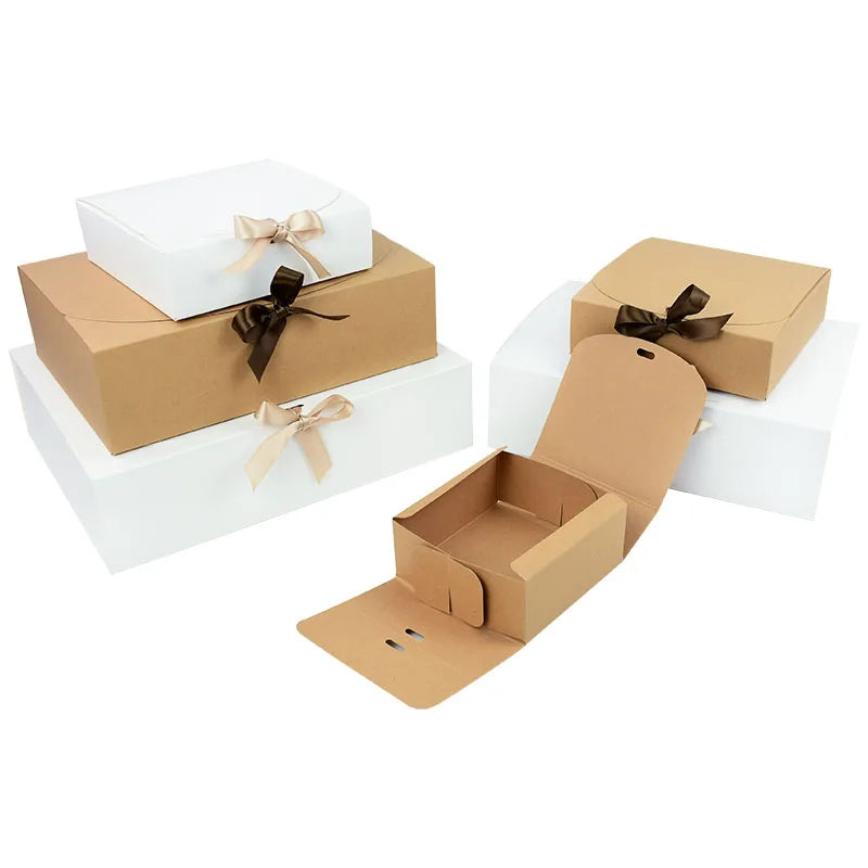 5 Piece Black and White Kraft Paper DIY Gift Box Set with Bow Ribbon for Weddings and Parties