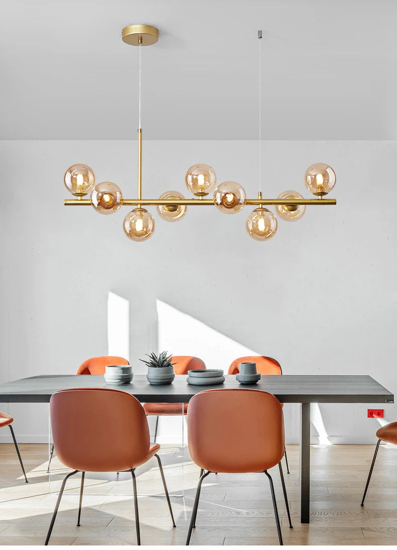 Nordic Modern LED Pendant Light with 11 Glass Ball Heads for Kitchen and Living Room Elegant Gold Suspension Lamp