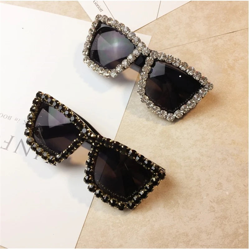 Oversized Rhinestone Frame Square Sunglasses UV400 Shades for Women
