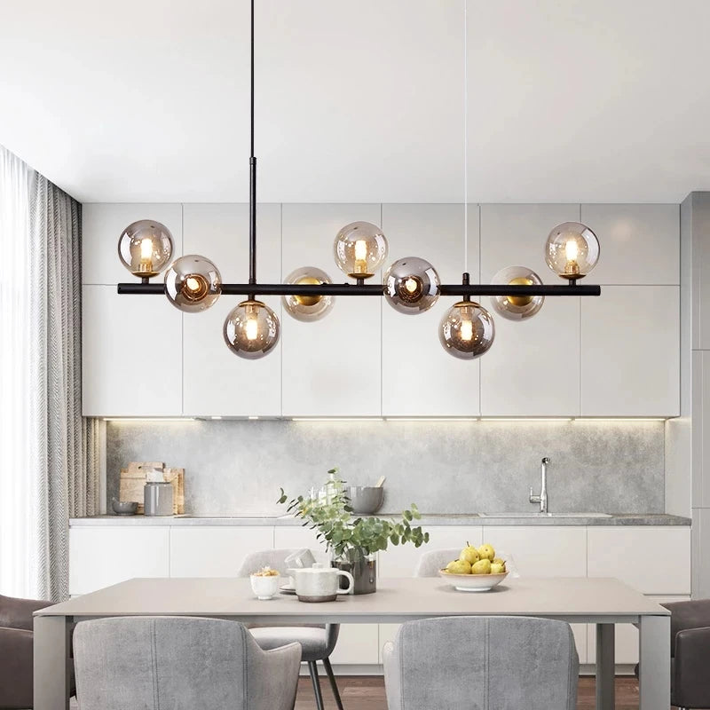 Nordic Modern LED Pendant Light with 11 Glass Ball Heads for Kitchen and Living Room Elegant Gold Suspension Lamp