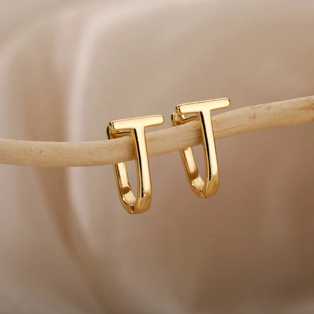 Small Mini Letter T Rose Color Hoop Earrings For Women
