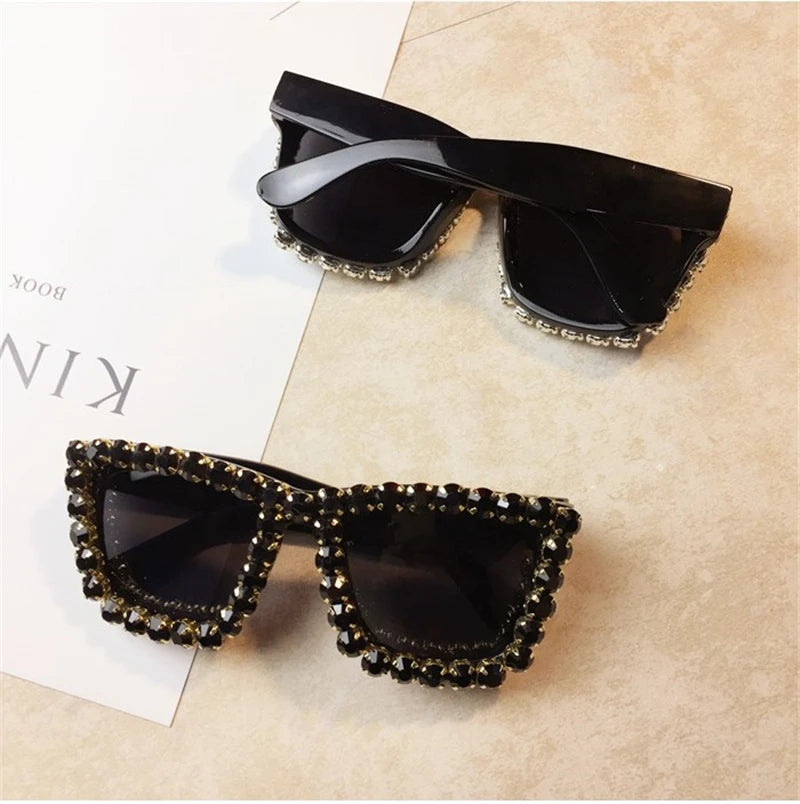 Oversized Rhinestone Frame Square Sunglasses UV400 Shades for Women