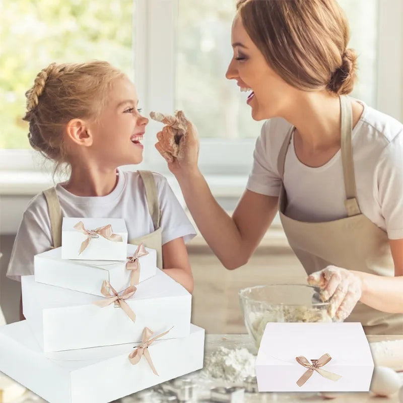 5 Piece Black and White Kraft Paper DIY Gift Box Set with Bow Ribbon for Weddings and Parties