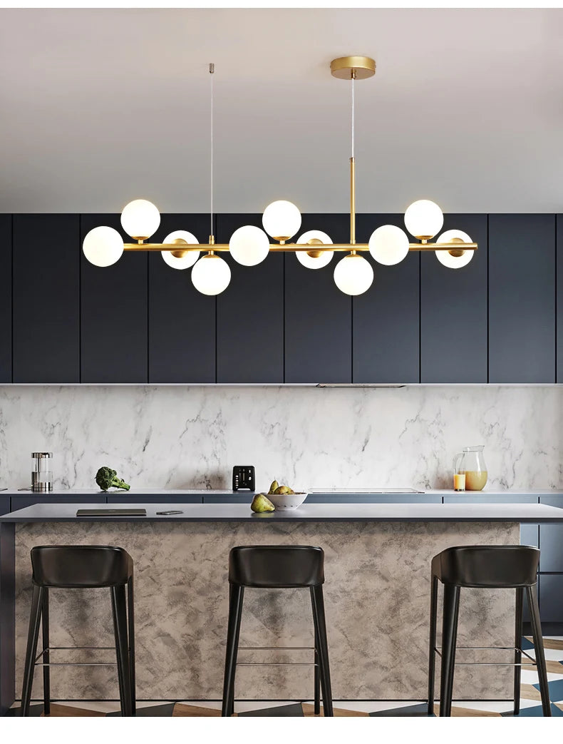 Nordic Modern LED Pendant Light with 11 Glass Ball Heads for Kitchen and Living Room Elegant Gold Suspension Lamp