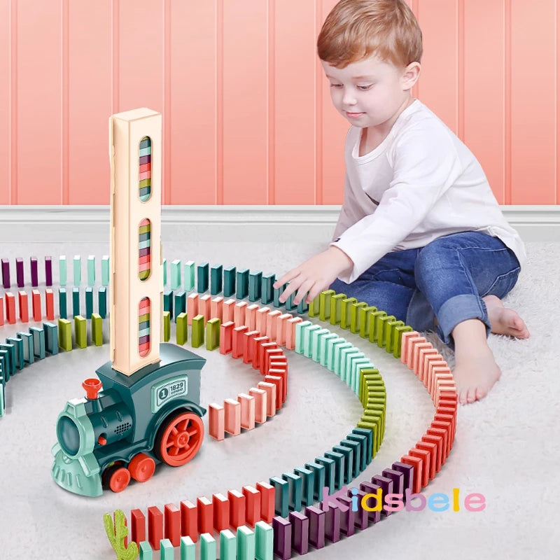 Kids Electric Domino Train Car Set with Sound and Light Automatic Domino Laying Educational Toy for Fine Motor Skills Great Christmas Gift