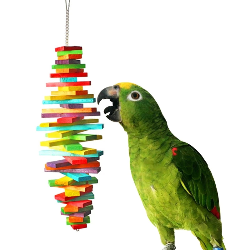 Rainbow Color Wood Blocks Bird Chew Toy With Hanging Chain Cage Parrot Toys Pecking Pet Bird Toy For budgies Cockatoos Lovebirds