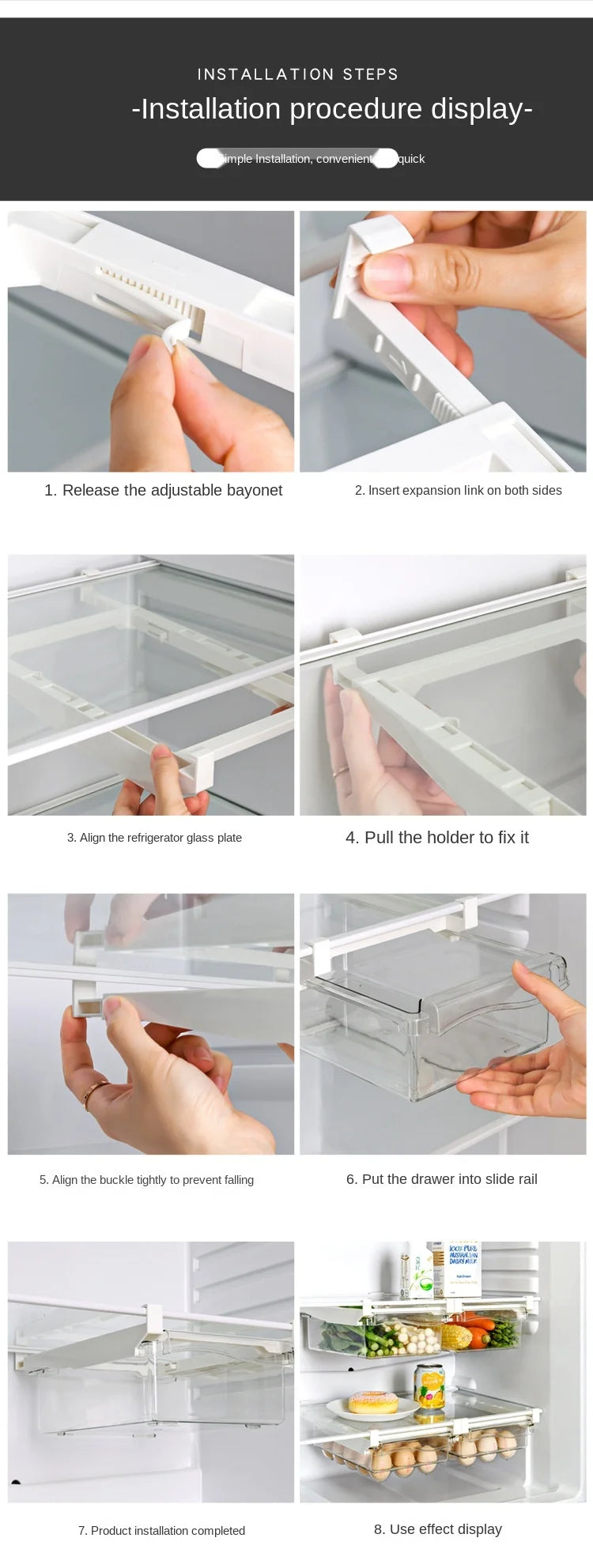 Transparent Kitchen Fridge Organizer Under-Shelf Storage Rack for Fruits Eggs and Food Items