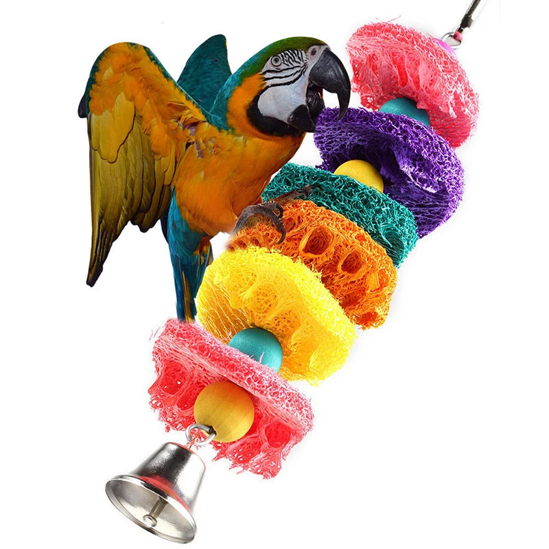 Funny Natural loofah Bird Toys Parrot Toys Swing Parrot Cage Hanging Cockatiel with Bell Parakeet Pet Bird Bites Climb Chew Toys