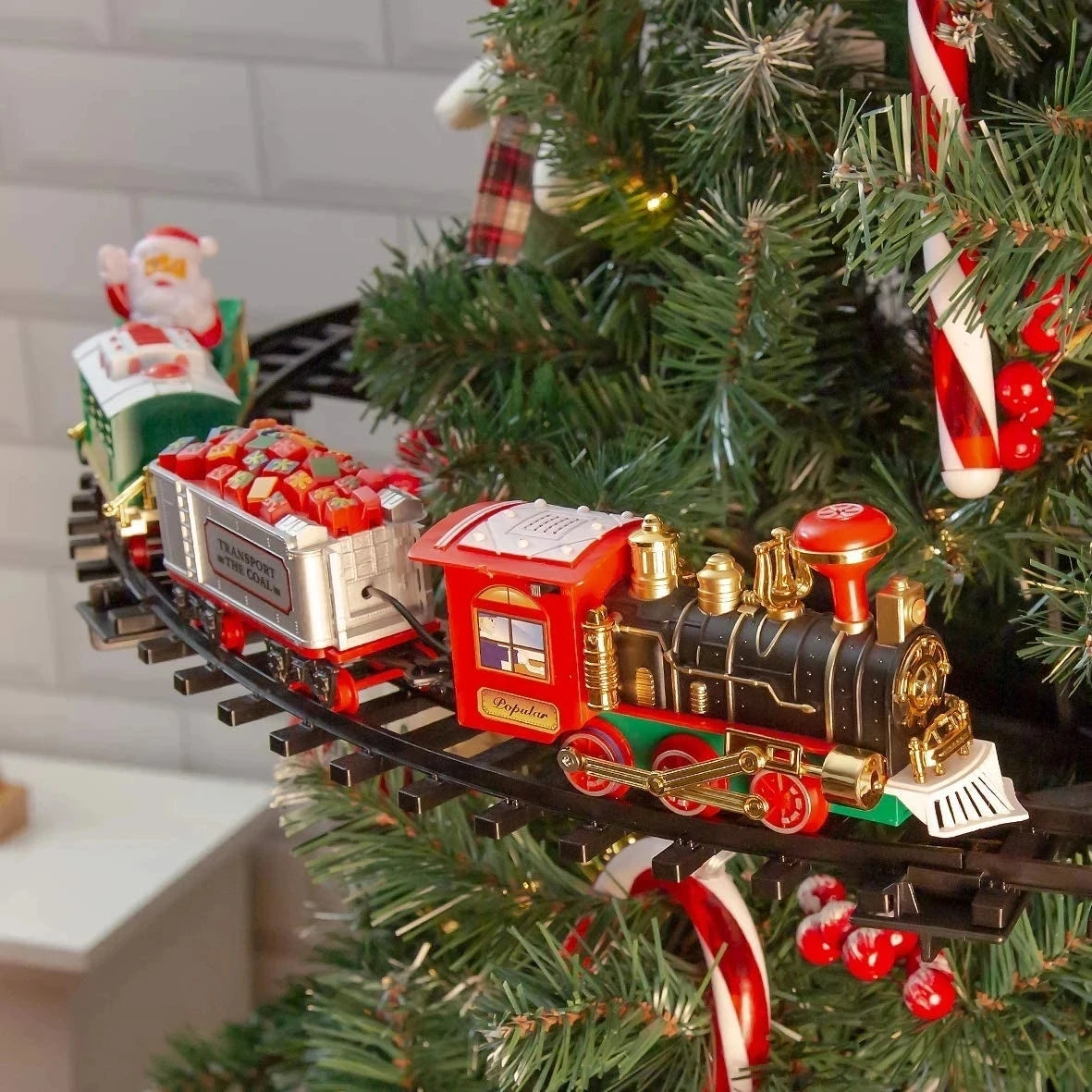 Battery Operated Christmas Train Set with Sound and Light Decorative Railway Car Toys for Kids