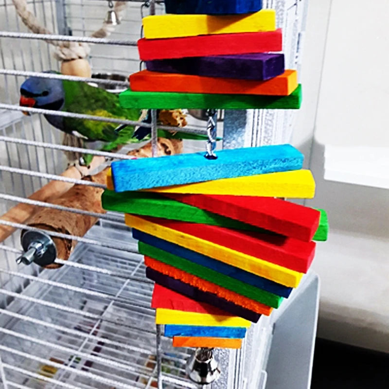 Rainbow Color Wood Blocks Bird Chew Toy With Hanging Chain Cage Parrot Toys Pecking Pet Bird Toy For budgies Cockatoos Lovebirds