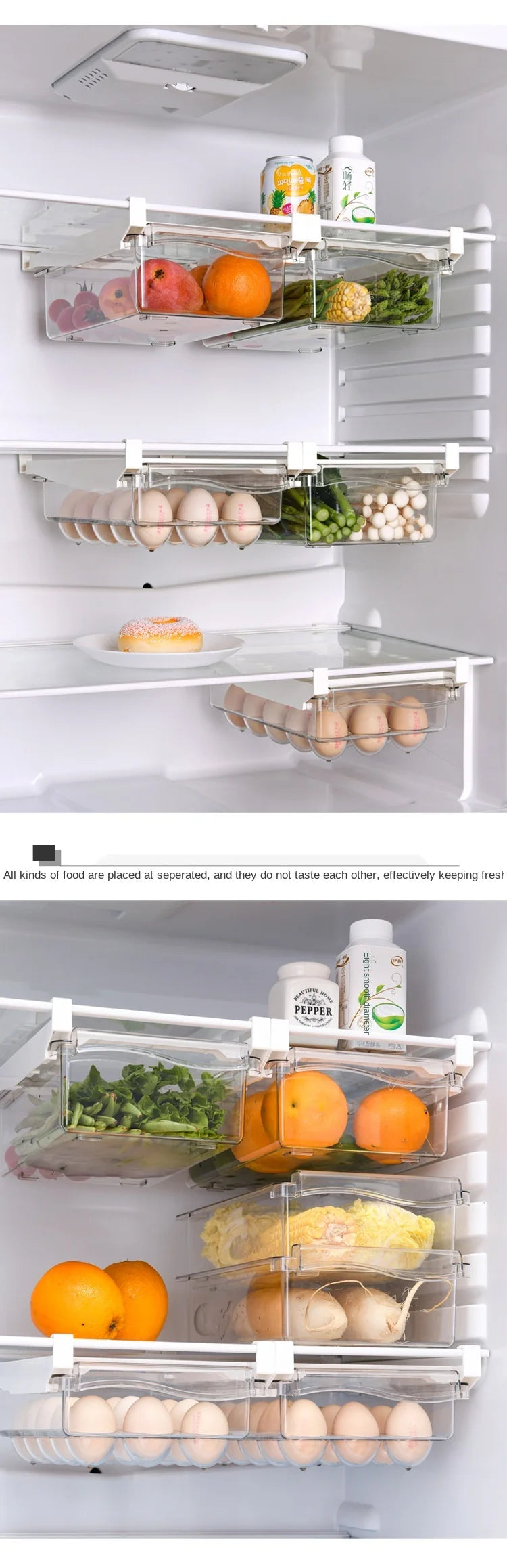 Transparent Kitchen Fridge Organizer Under-Shelf Storage Rack for Fruits Eggs and Food Items
