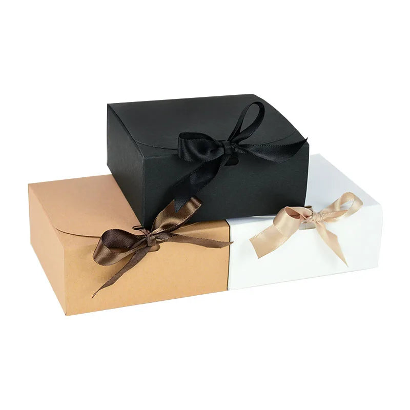 5 Piece Black and White Kraft Paper DIY Gift Box Set with Bow Ribbon for Weddings and Parties