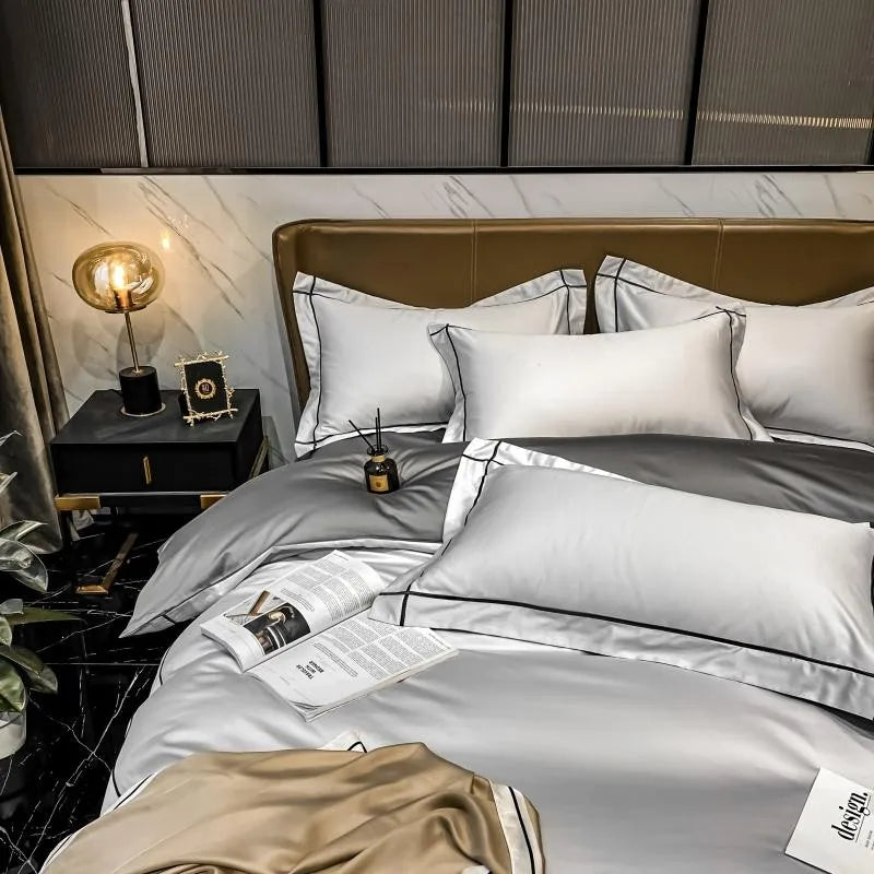White Gray Egyptian Cotton Hotel Duvet Cover Set 600TC Silky Soft Bedding Set