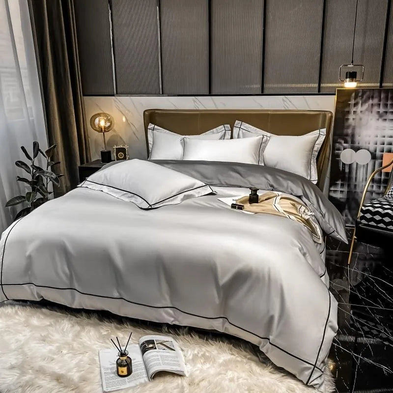 White Gray Egyptian Cotton Hotel Duvet Cover Set 600TC Silky Soft Bedding Set