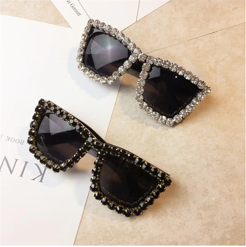 Oversized Rhinestone Frame Square Sunglasses UV400 Shades for Women