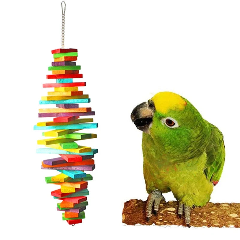 Rainbow Color Wood Blocks Bird Chew Toy With Hanging Chain Cage Parrot Toys Pecking Pet Bird Toy For budgies Cockatoos Lovebirds