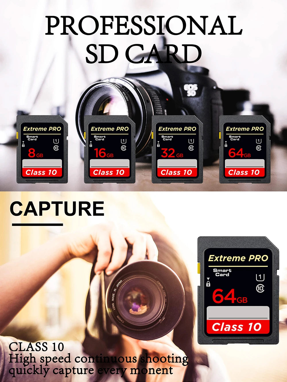 High Speed Class 10 SD Card 8GB to 256GB for Camera