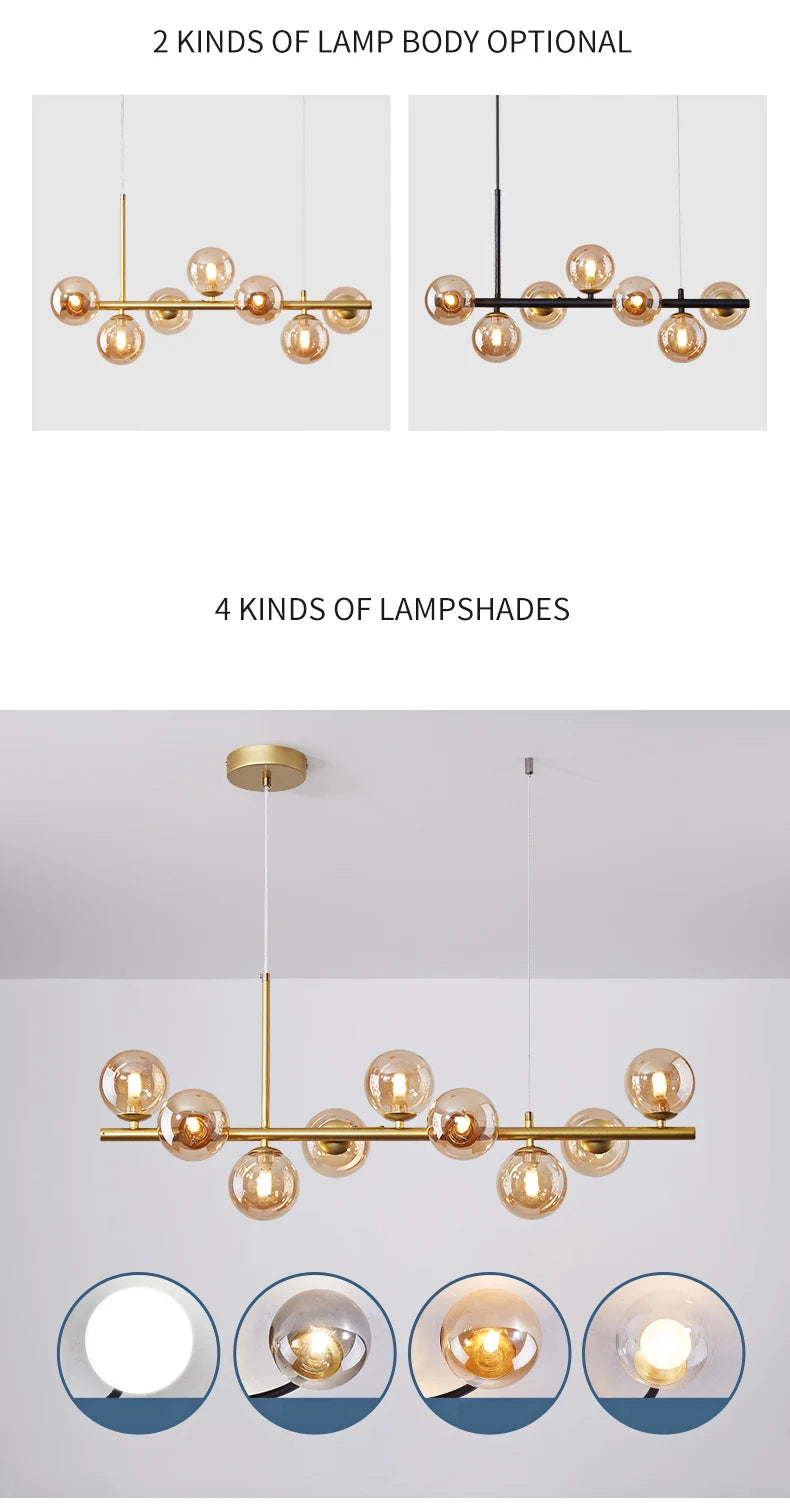 Nordic Modern LED Pendant Light with 11 Glass Ball Heads for Kitchen and Living Room Elegant Gold Suspension Lamp