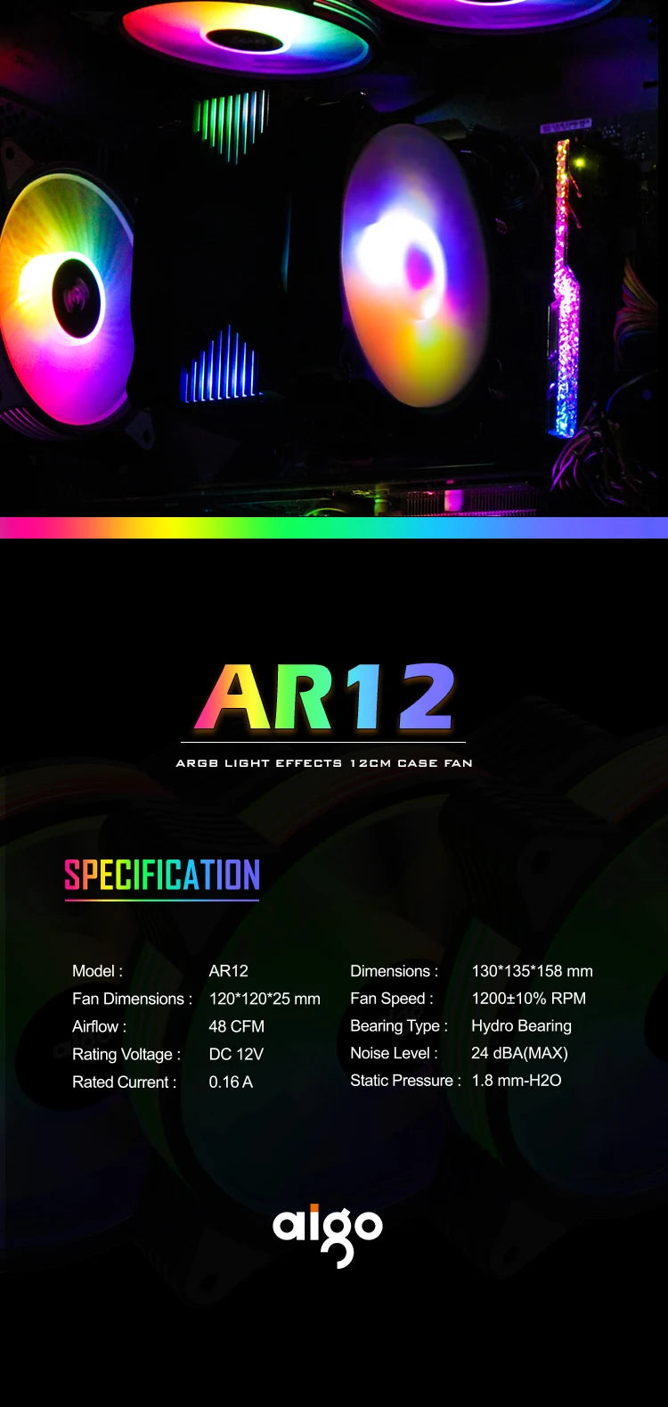 Ventilador para caja de ordenador Aigo AR12 de 120 mm, disipador de calor RGB, puerto SATA Aura Sync, enfriador de 12 cm, ventilador de refrigeración con controlador silencioso ARGB