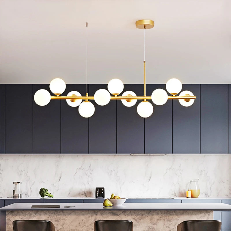 Nordic Modern LED Pendant Light with 11 Glass Ball Heads for Kitchen and Living Room Elegant Gold Suspension Lamp