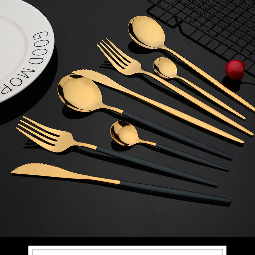 30 Piece Black and Gold Stainless Steel Cutlery Set Durable Dinnerware with Knives Forks and Spoons