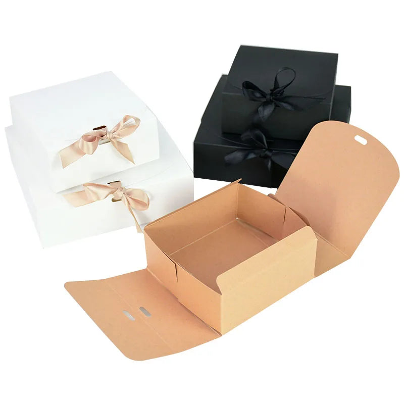 5 Piece Black and White Kraft Paper DIY Gift Box Set with Bow Ribbon for Weddings and Parties