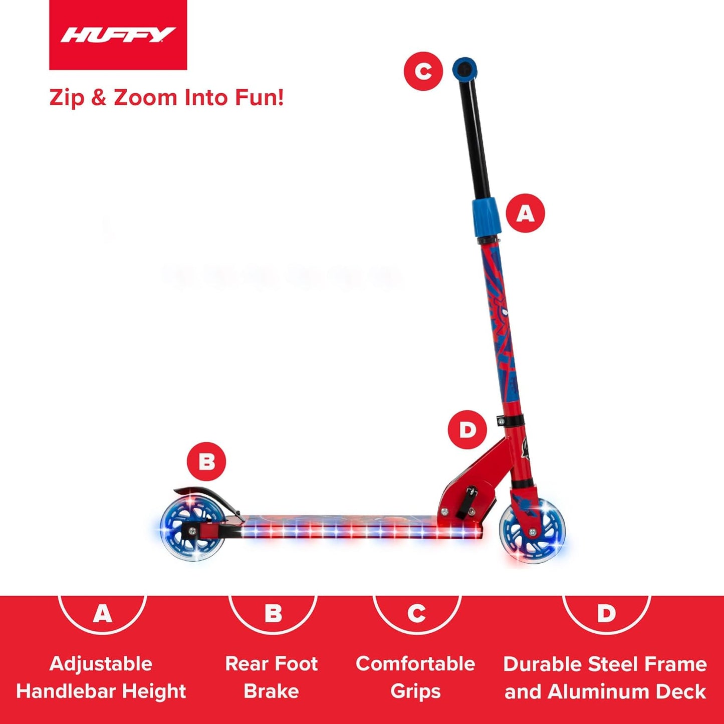 Huffy Marvel Spider-Man Electro Light Inline Scooter with LED Lights - Red