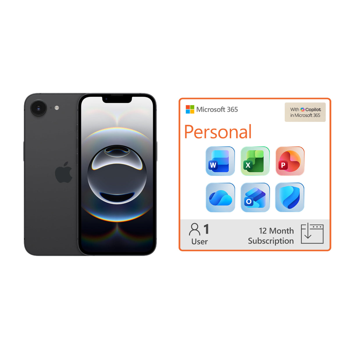 Bundle: Apple iPhone 16e 128GB Smartphone (Black) - Requires 3-Month Activation + Microsoft 365 Personal 1 Year Subscription includes 1 TB of Cloud Storage Advanced Security, and Innovative Apps with Microsoft Copilot