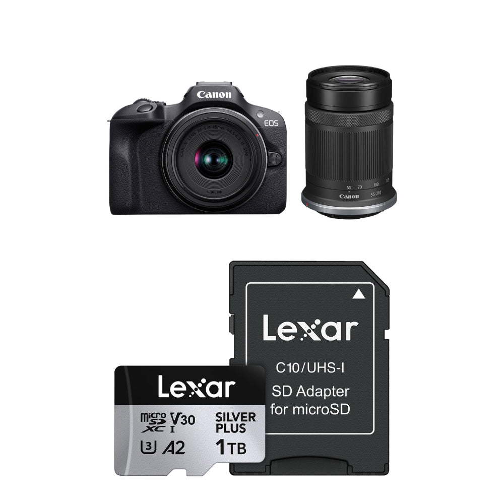 Bundle: Canon - EOS R100 Mirrorless Camera with RF-S 18-45 f/4.5-6.3 IS STM Lens - Black + Lexar Professional Silver Plus 128GB microSDXC Memory Card