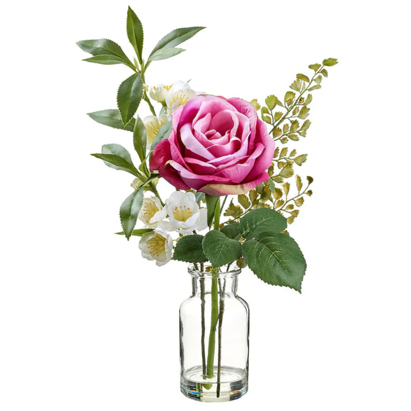 Allstate Floral 14" Rose, Blossom & Fern Leaf Flower Arrangement with Glass Vase