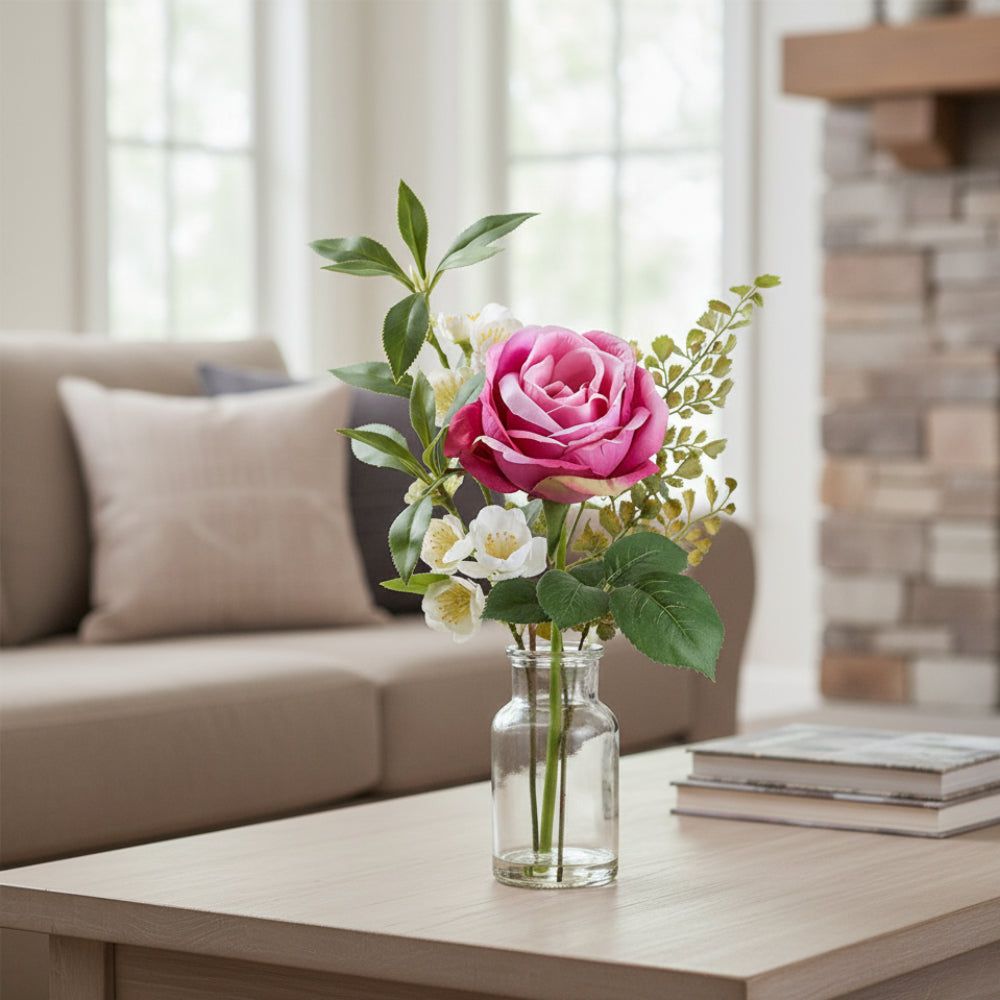 Allstate Floral 14" Rose, Blossom & Fern Leaf Flower Arrangement with Glass Vase