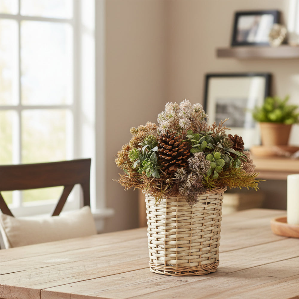 Allstate Floral Sedum, Grass & Pinecone Flower Arrangement with Basket - Brown