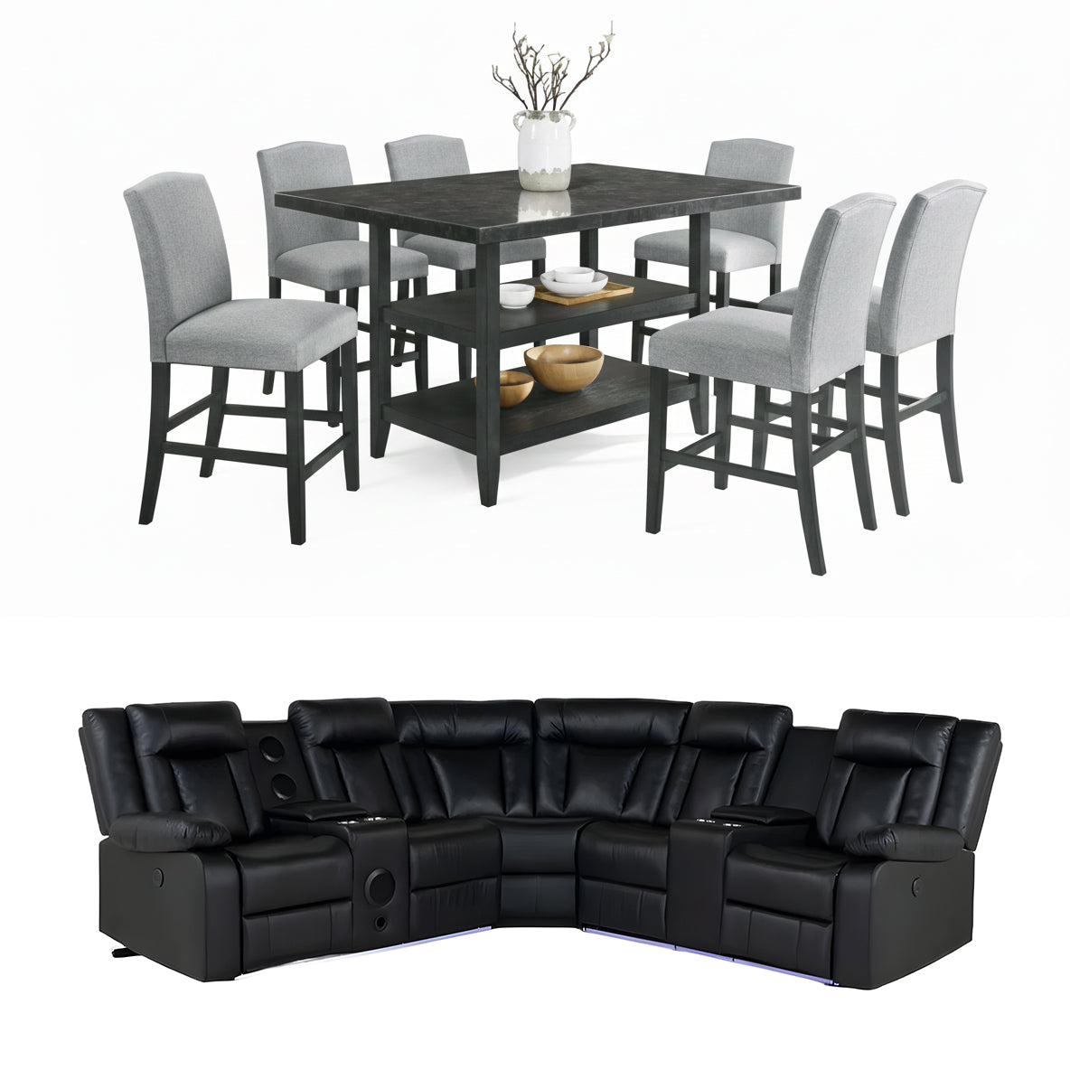 Bundle: Lola Counter Dining Table Set Blue/Gray + Kelley Sectional Sofa with LED by Best Home - Black