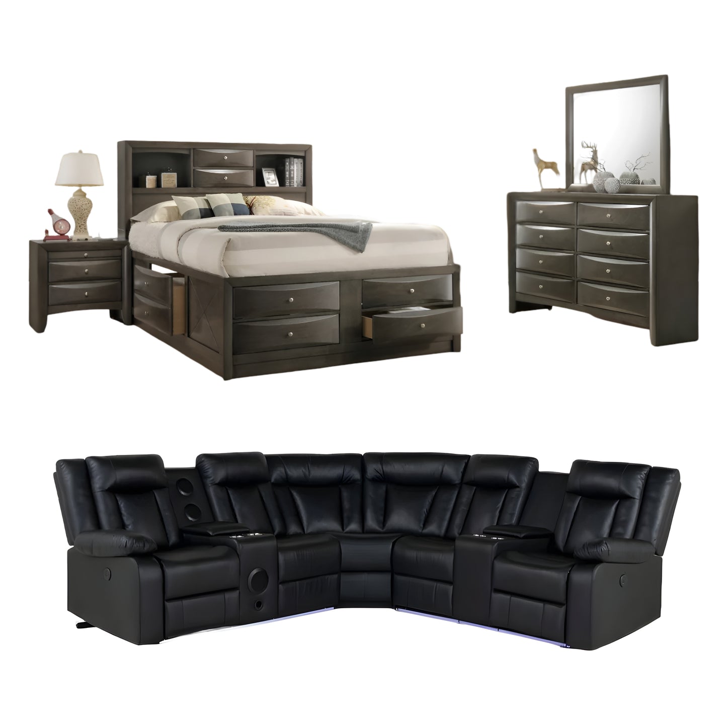 Bundle: Emila Queen Bedroom Set - Brown + Kelley Sectional Sofa with LED by Best Home - Black