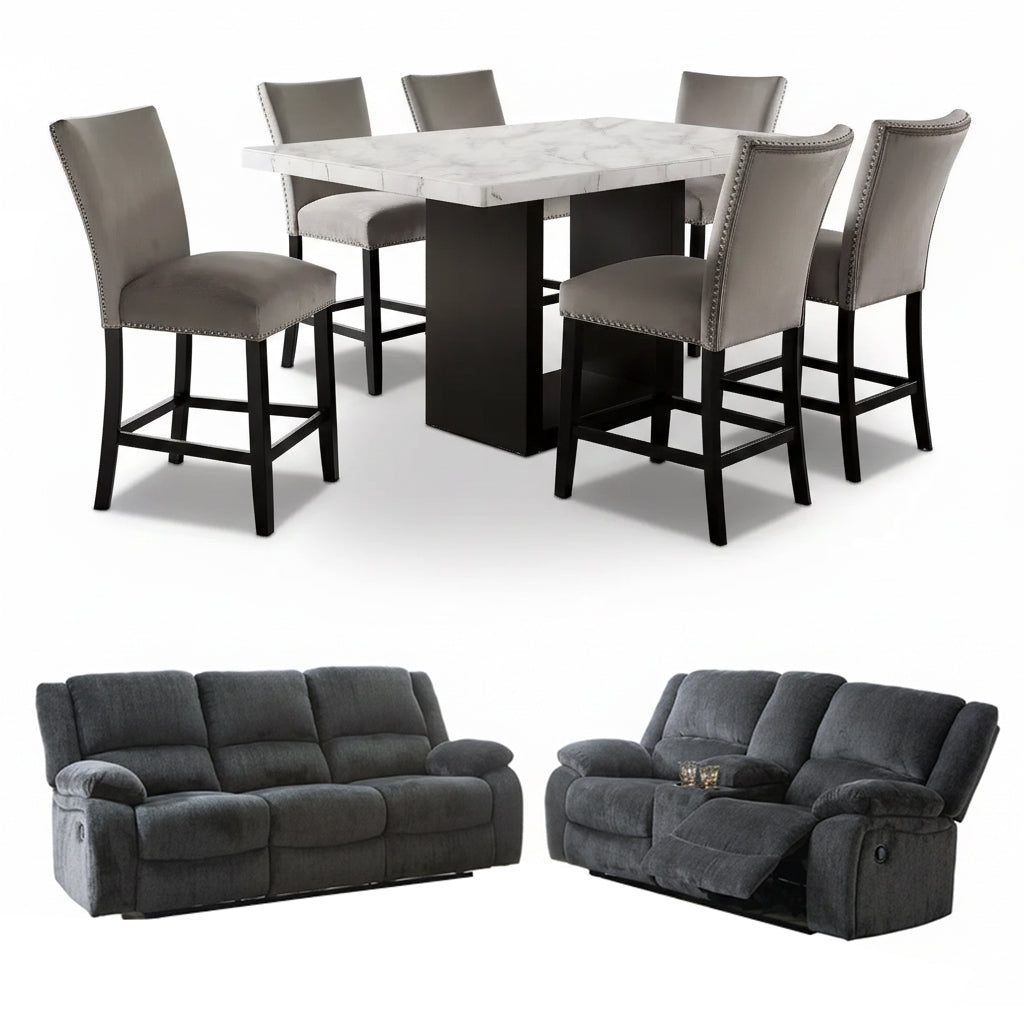 Bundle: Pub Set Falcon Dining Table Set - Gray + Lawrence Motion Sofa and Love Seat by Best Home - Blue