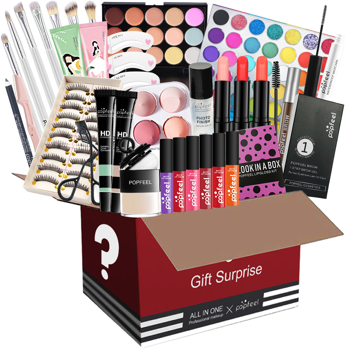 Popfeel All in One Makeup Kit Gift Set with Eyeshadow Palette Foundation Lip Gloss Blush Brushes and Eyeliner Essential Beauty Collection
