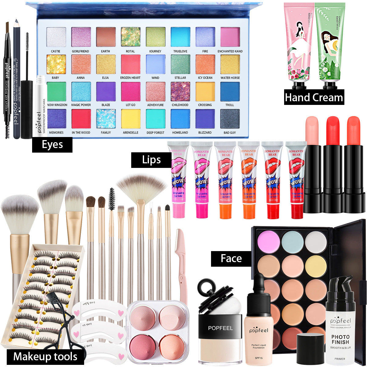 Popfeel All in One Makeup Kit Gift Set with Eyeshadow Palette Foundation Lip Gloss Blush Brushes and Eyeliner Essential Beauty Collection