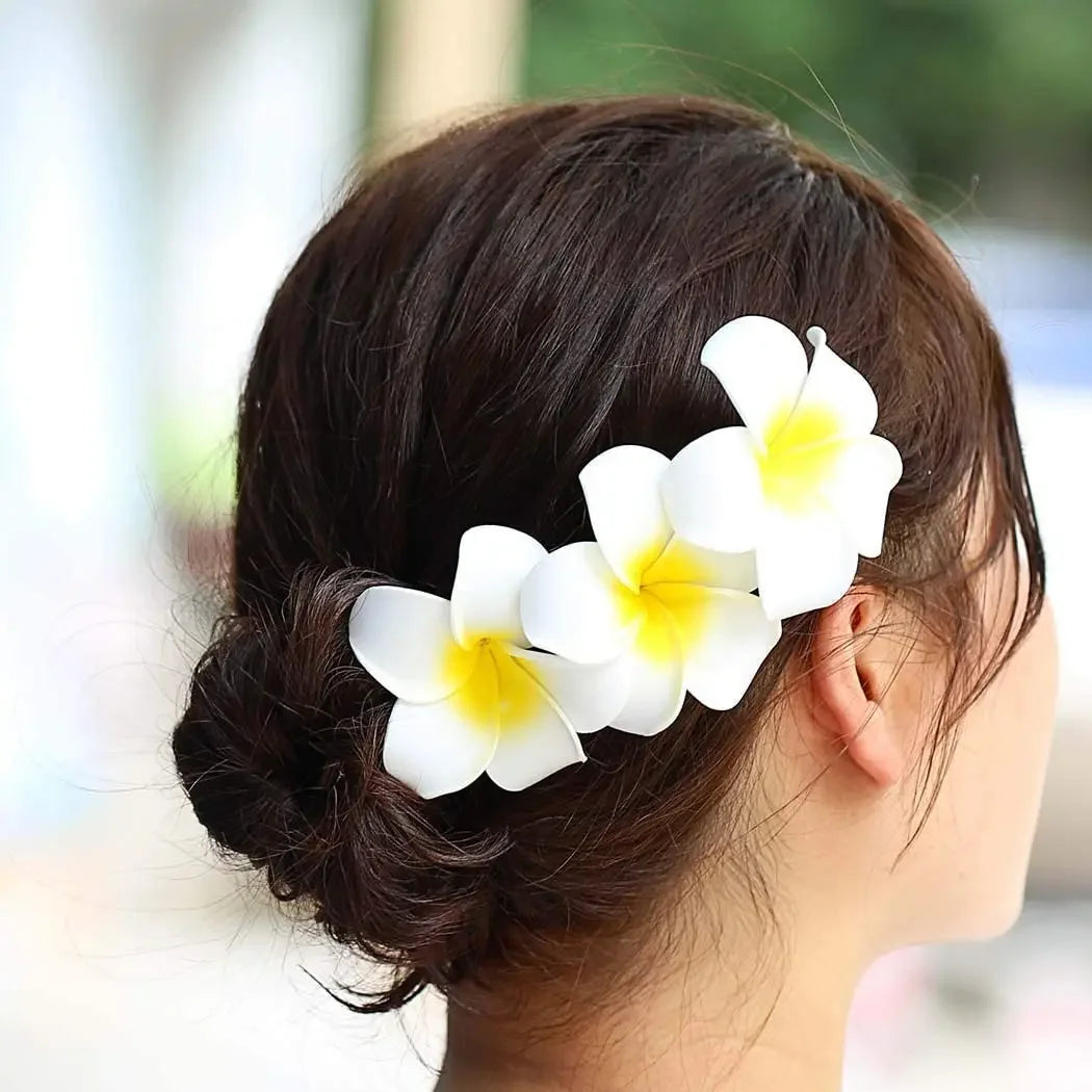 50Pcs 2.4 Inch White Foam Hawaiian Frangipani Artificial Plumeria Flower Hair Clips for Tropical Home Decor and Beach Party Decorations