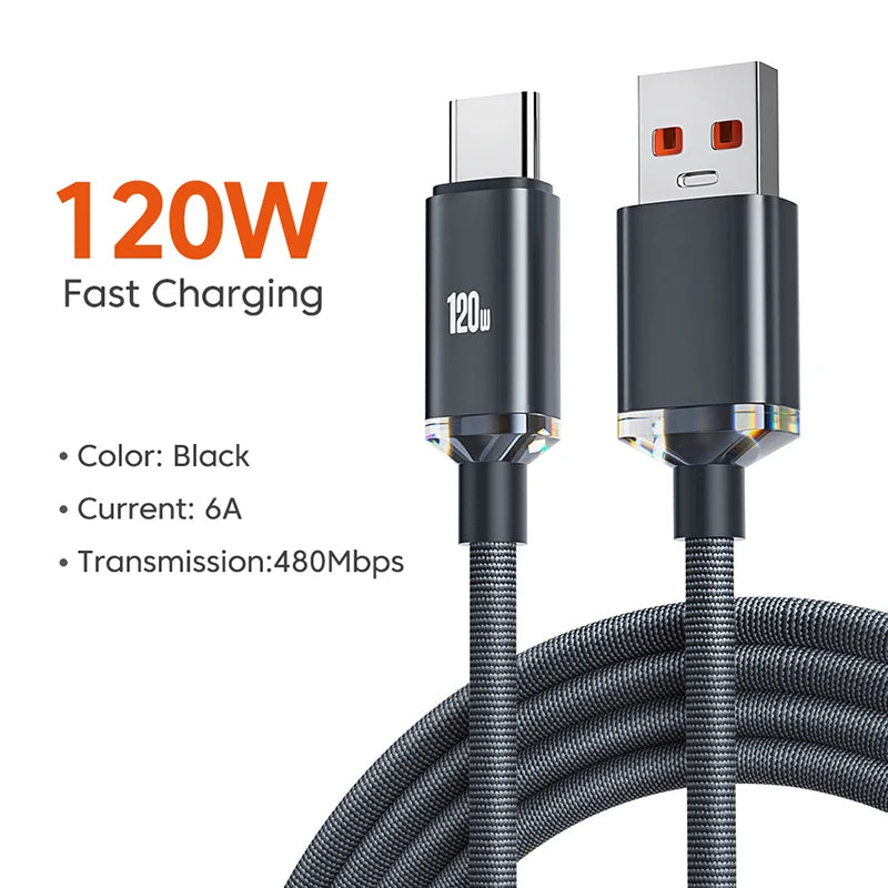 120W 6A Fast Charge USB Type C Cable for Xiaomi Huawei